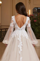 Load image into Gallery viewer, Ivory Deep V-Neck Backless Long Sleeves Wedding Dress with Lace