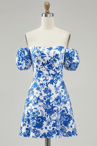 Blue Floral Off the Shoulder Chiffon Short Prom Dress with Sleeves