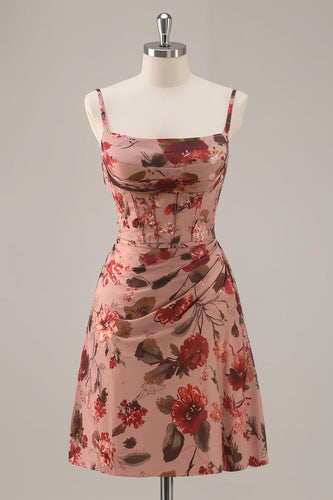 Dusty Rose Floral Chiffon Ruched Short Corset Prom Dress
