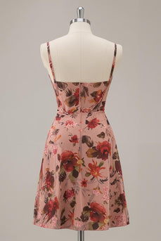 Dusty Rose Floral Chiffon Ruched Short Corset Prom Dress
