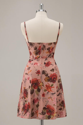 Dusty Rose Floral Chiffon Ruched Short Corset Prom Dress
