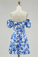 Load image into Gallery viewer, Blue Floral Off the Shoulder Chiffon Short Prom Dress with Sleeves