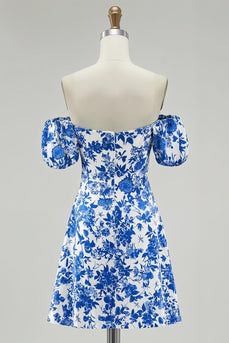 Blue Floral Off the Shoulder Chiffon Short Prom Dress with Sleeves