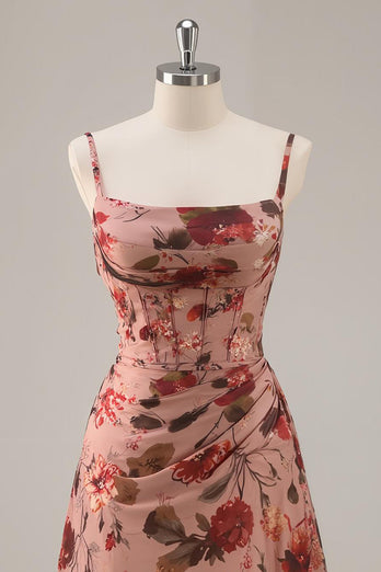 Dusty Rose Floral Chiffon Ruched Short Corset Prom Dress