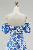 Load image into Gallery viewer, Blue Floral Off the Shoulder Chiffon Short Prom Dress with Sleeves