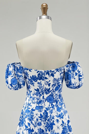 Blue Floral Off the Shoulder Chiffon Short Prom Dress with Sleeves