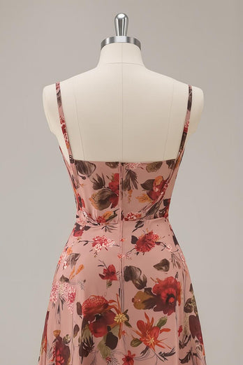 Dusty Rose Floral Chiffon Ruched Short Corset Prom Dress