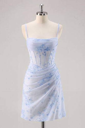 Light Blue Floral Ruched Tight Short Corset Prom Dress