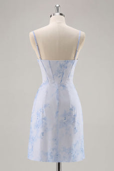 Light Blue Floral Ruched Tight Short Corset Prom Dress