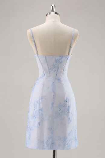 Light Blue Floral Ruched Tight Short Corset Prom Dress