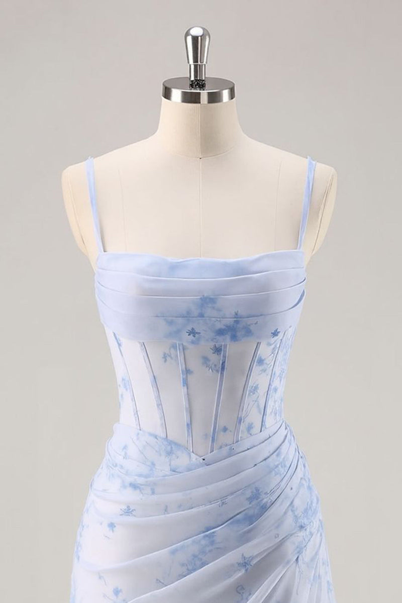Load image into Gallery viewer, Light Blue Floral Ruched Tight Short Corset Prom Dress