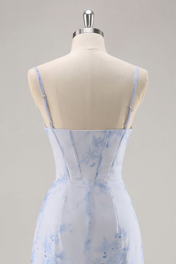 Light Blue Floral Ruched Tight Short Corset Prom Dress