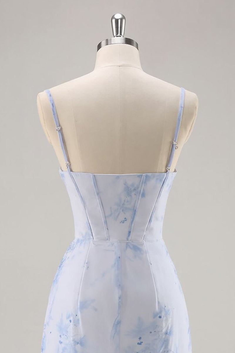 Load image into Gallery viewer, Light Blue Floral Ruched Tight Short Corset Prom Dress