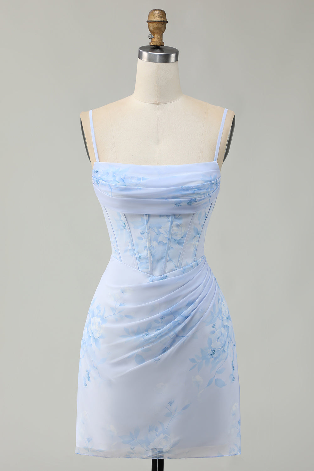 Light Blue Floral Ruched Tight Short Corset Prom Dress