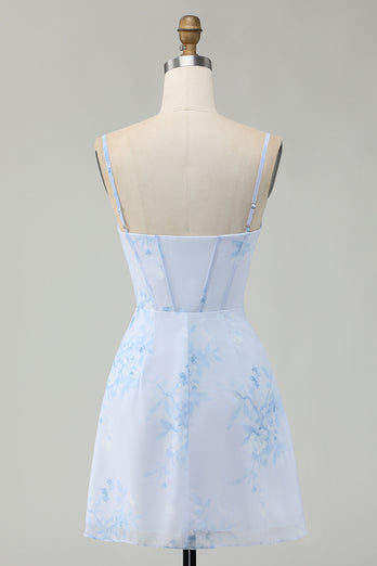Light Blue Floral Ruched Tight Short Corset Prom Dress