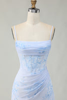 Load image into Gallery viewer, Light Blue Floral Ruched Tight Short Corset Prom Dress