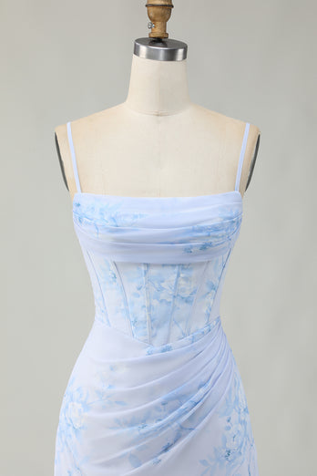 Light Blue Floral Ruched Tight Short Corset Prom Dress