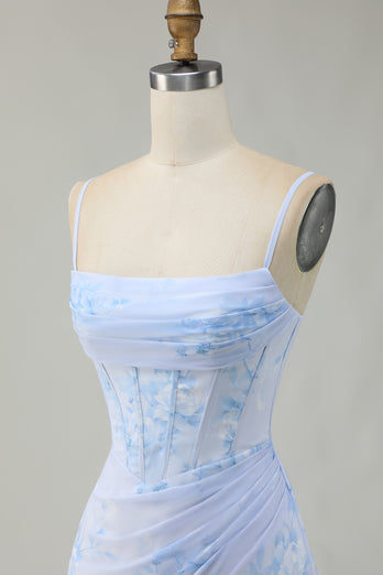 Light Blue Floral Ruched Tight Short Corset Prom Dress
