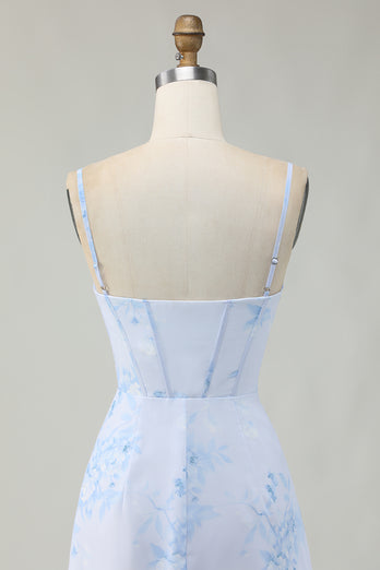 Light Blue Floral Ruched Tight Short Corset Prom Dress