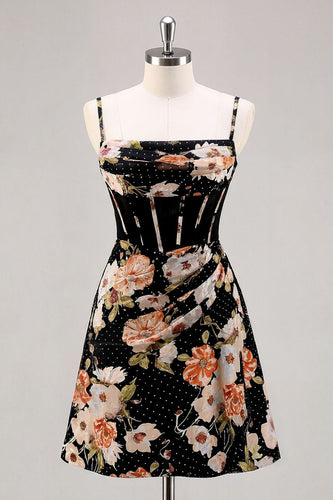 Sparkly Black Short Floral Corset Prom Dress with Beading