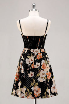 Sparkly Black Short Floral Corset Prom Dress with Beading