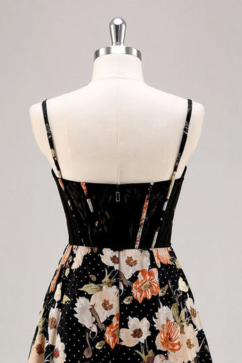 Sparkly Black Short Floral Corset Prom Dress with Beading