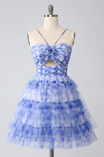Blue Tiered Floral Keyhole Short Prom Dress with Ruffles