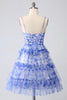Load image into Gallery viewer, Blue Tiered Floral Keyhole Short Prom Dress with Ruffles