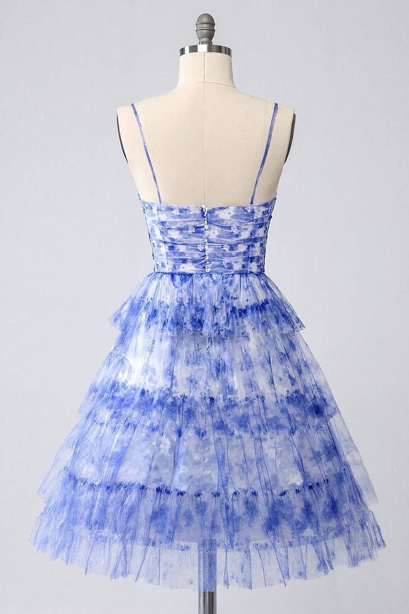 Load image into Gallery viewer, Blue Tiered Floral Keyhole Short Prom Dress with Ruffles