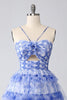 Load image into Gallery viewer, Blue Tiered Floral Keyhole Short Prom Dress with Ruffles