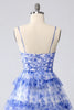 Load image into Gallery viewer, Blue Tiered Floral Keyhole Short Prom Dress with Ruffles