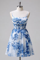 Load image into Gallery viewer, Blue Floral Tulle A Line Ruched Short Corset Prom Dress