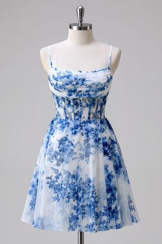 Blue Floral Tulle A Line Ruched Short Corset Prom Dress