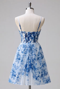 Blue Floral Tulle A Line Ruched Short Corset Prom Dress