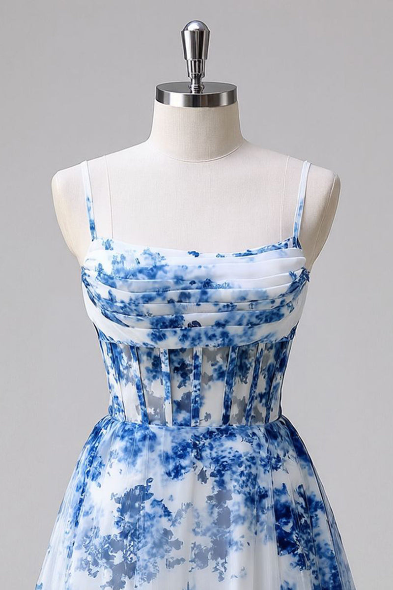 Load image into Gallery viewer, Blue Floral Tulle A Line Ruched Short Corset Prom Dress