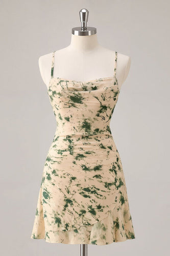 Champagne Ruched Floral Short Prom Dress with Ruffles