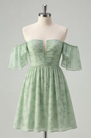 Load image into Gallery viewer, Sage Green Off the Shoulder Short Floral Prom Dress with Ruffles