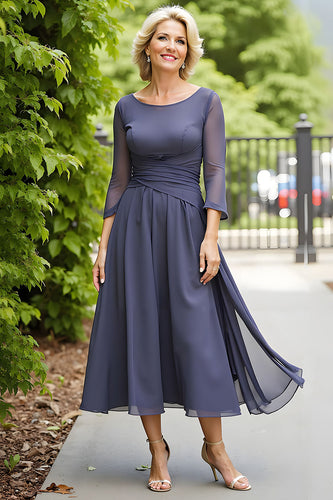 Chiffon Steel Grey Long Mother of the Bride Dress with Sleeves Boat Neck A Line Ruched Wedding Guest Dress