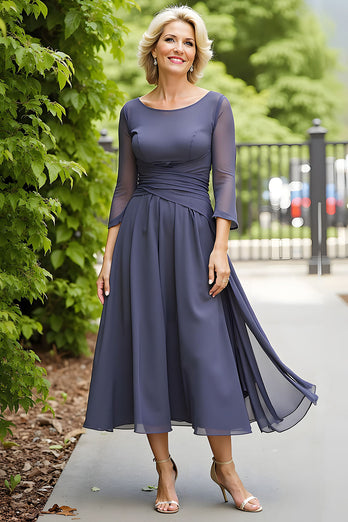 Chiffon Steel Grey Long Mother of the Bride Dress with Sleeves Boat Neck A Line Ruched Wedding Guest Dress