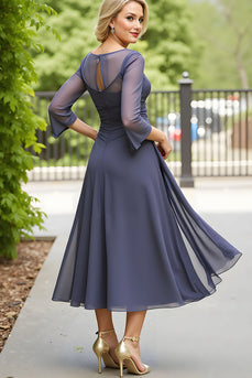 A Line Chiffon Steel Grey Boat Neck Long Mother of the Bride Dress with Sleeves