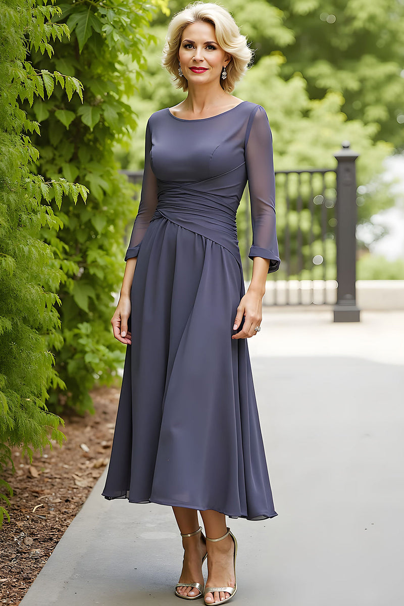 Load image into Gallery viewer, A Line Chiffon Steel Grey Boat Neck Long Mother of the Bride Dress with Sleeves