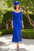 Load image into Gallery viewer, Royal Blue Satin Long Sleeves Mother of the Bride Dress with Slit Lace Sleeves Off The Shoulder Sheath Wedding Guest Dress