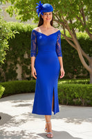 Load image into Gallery viewer, Royal Blue Satin Long Sleeves Mother of the Bride Dress with Slit Lace Sleeves Off The Shoulder Sheath Wedding Guest Dress