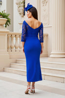 Load image into Gallery viewer, Royal Blue Sheath Off The Shoulder Satin Long Mother of the Bride Dress with Slit