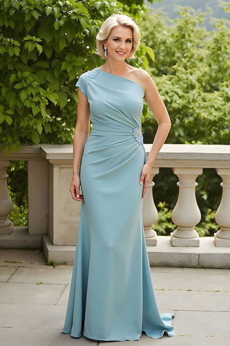 Light Blue One Shoulder Sheath Long Mother of the Bride Dress with Appliques