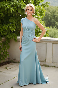 Light Blue One Shoulder Sheath Long Mother of the Bride Dress with Appliques