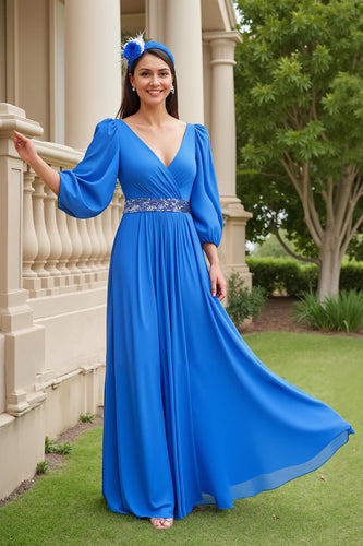 Chiffon A Line Long Sleeves Mother of the Bride Dress with Beading Blue Pleated V-Neck Wedding Guest Dress