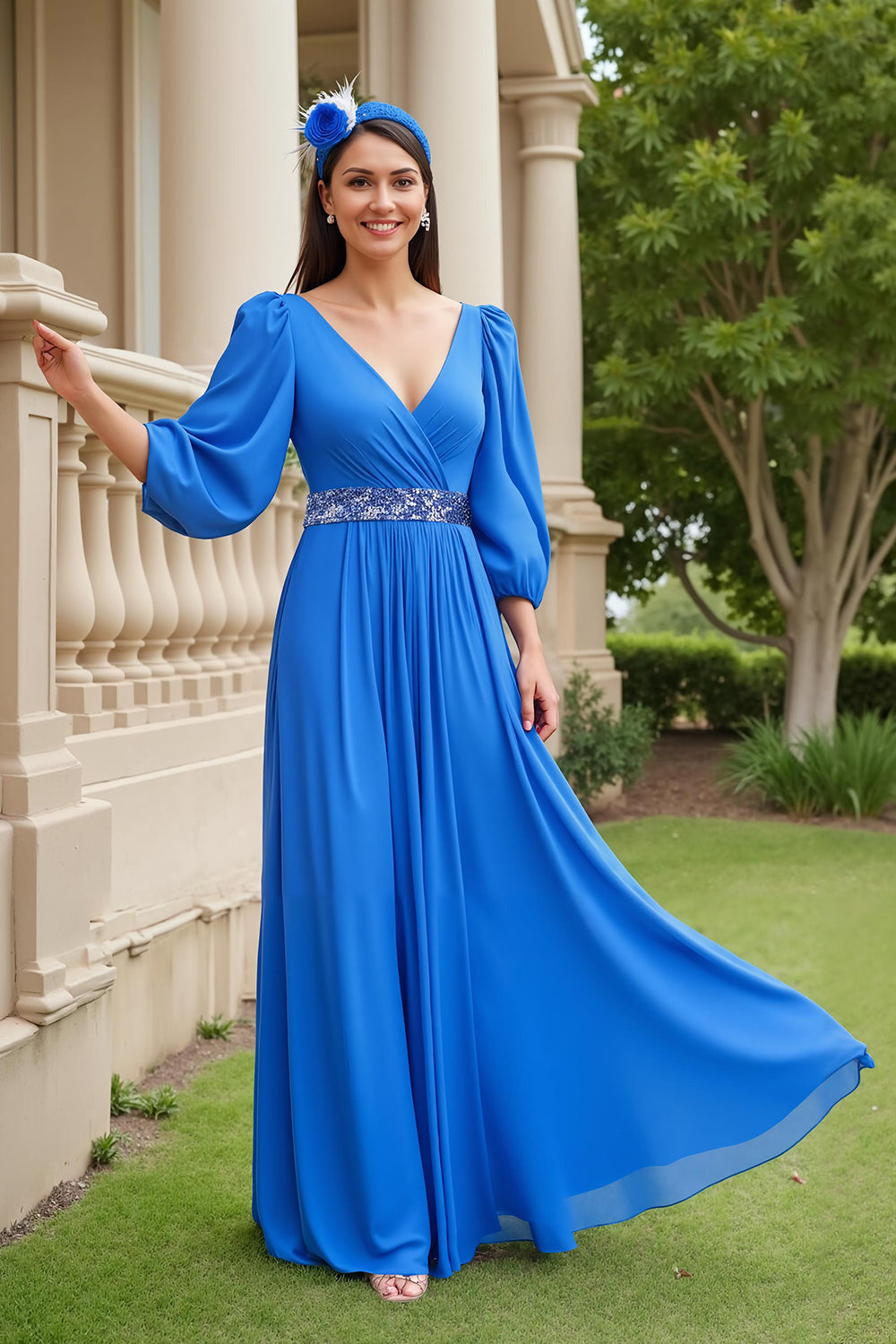Chiffon A Line Long Sleeves Mother of the Bride Dress with Beading Blue Pleated V-Neck Wedding Guest Dress