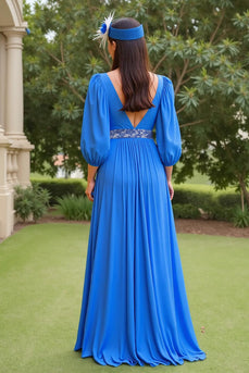 Chiffon Blue V-Neck A Line Long Mother of the Bride Dress with Beading