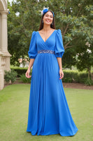 Load image into Gallery viewer, Chiffon Blue V-Neck A Line Long Mother of the Bride Dress with Beading